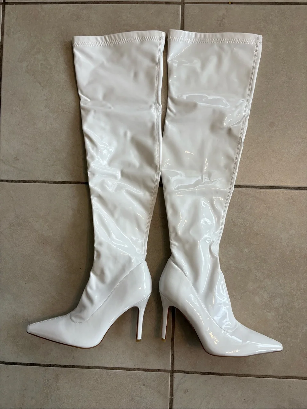 White Patent Thigh-High Over Knee Boots Pointed Toe Stiletto Heel Sz 39/US 8.5